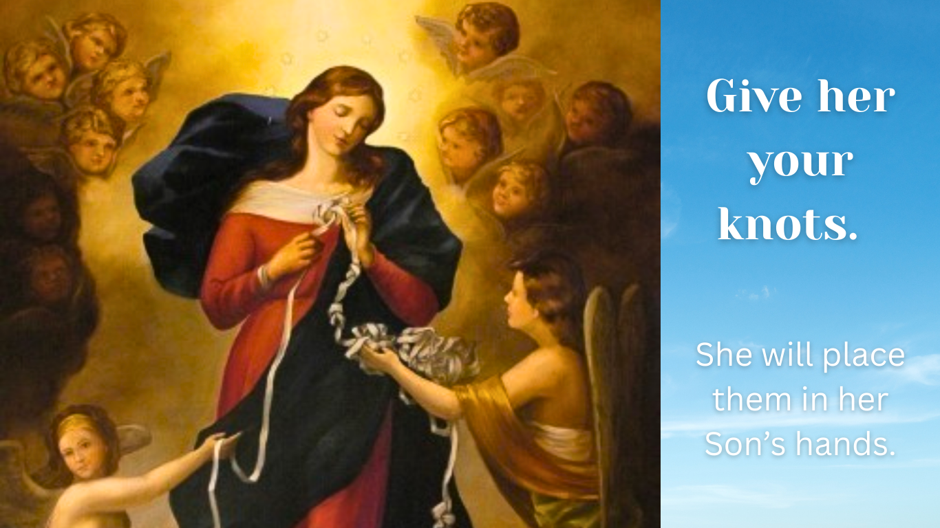 Our Lady Undoer of Knots untying a ribbon with angels and sky background with devotional text