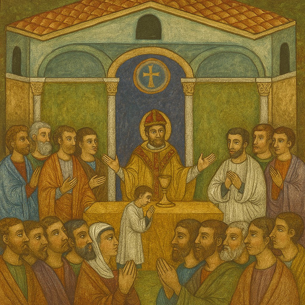 Early Christian basilica scene showing a bishop celebrating the liturgy, symbolizing the roots of Catholic Mass history in the Roman Rite tradition. Early Christian basilica scene showing a bishop celebrating the liturgy, symbolizing the roots of Catholic Mass history in the Roman Rite tradition.
