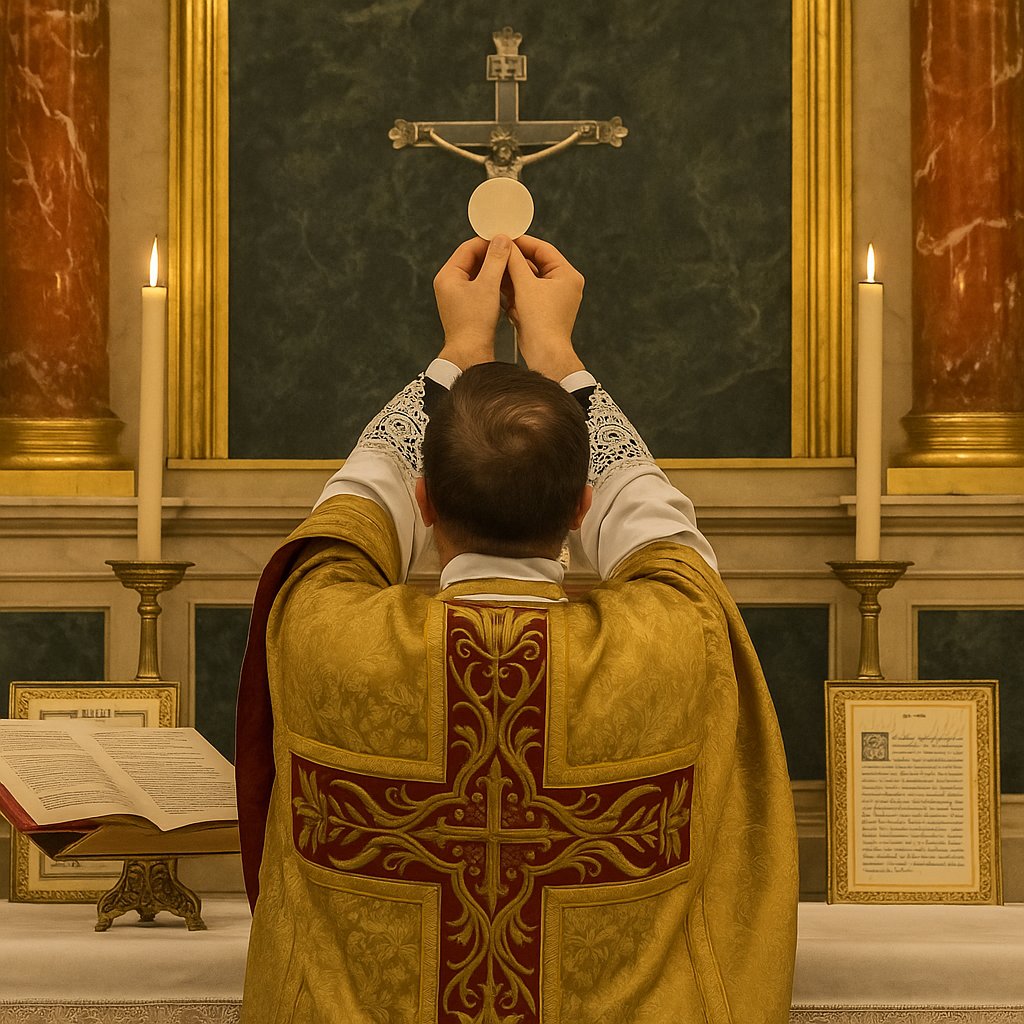 Traditional Latin Mass priest facing the altar during consecration, illustrating Catholic Mass history and its liturgical roots Traditional Latin Mass priest facing the altar during consecration, illustrating Catholic Mass history and its liturgical roots