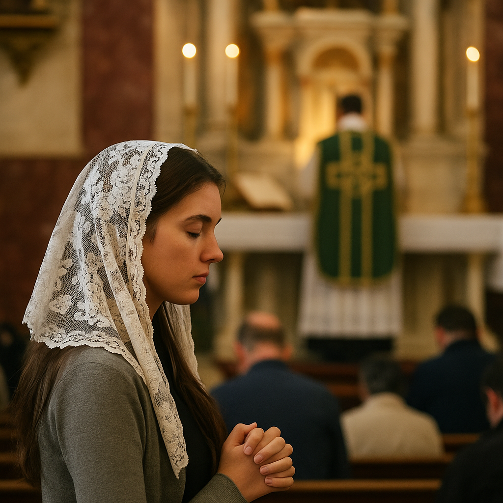 Young woman in white veil praying reverently at a Traditional Latin Mass inside a Catholic church Young woman in white veil praying reverently at a Traditional Latin Mass inside a Catholic church